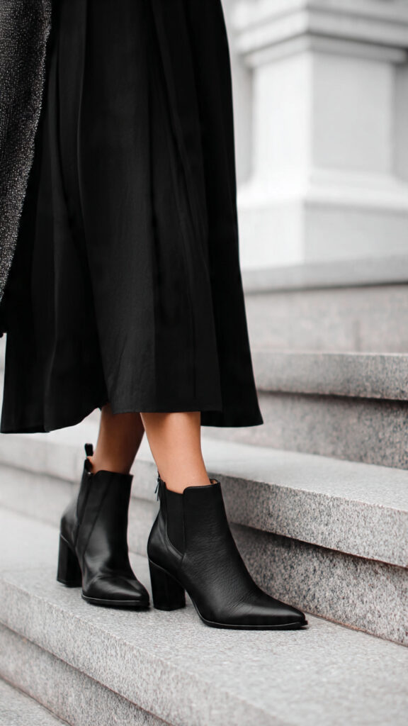 The Everyday Boots Women Love black ankle boots styled with office wear