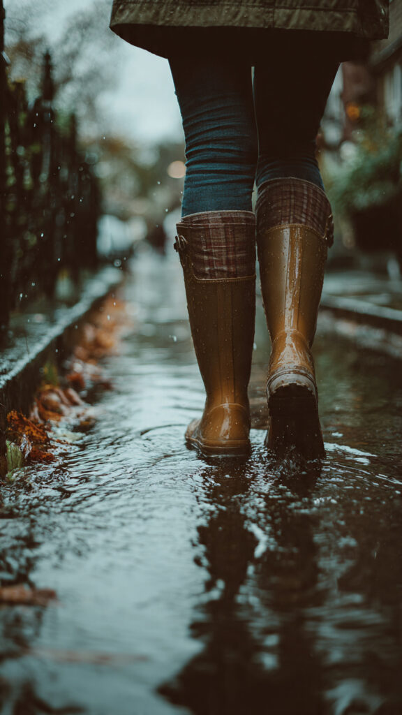 woman wearing waterproof boots on a rainy